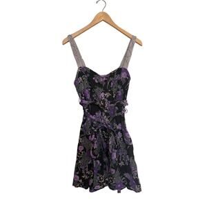 Free People Linen Floral Mini Dress Sz 4 Black Purple Y2K Tie Waist Macrame Boho